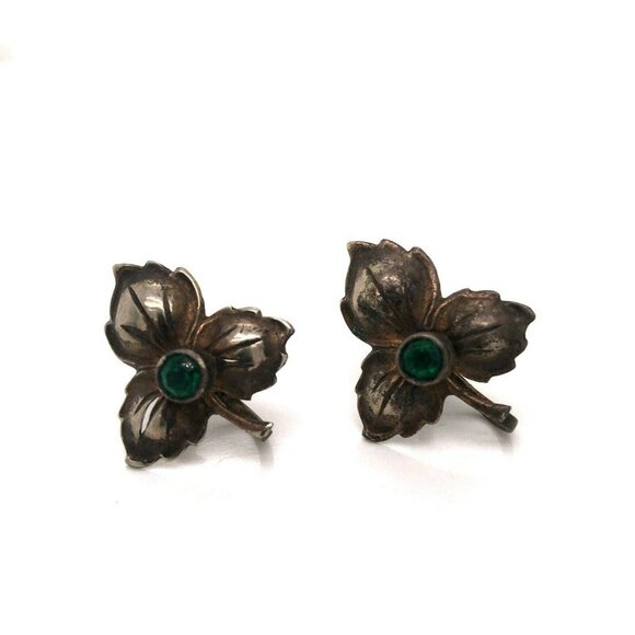 VTG Estate Sterling Silver & Green Rhinestone 3 Leaf Screw Back Earrings! 167 - Picture 1 of 5